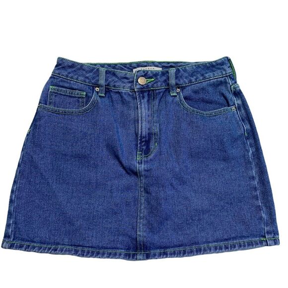 PACSUN Blue Denim Mini Skirt Neon Green Contrast Stitching Sz 27 - Picture 1 of 13